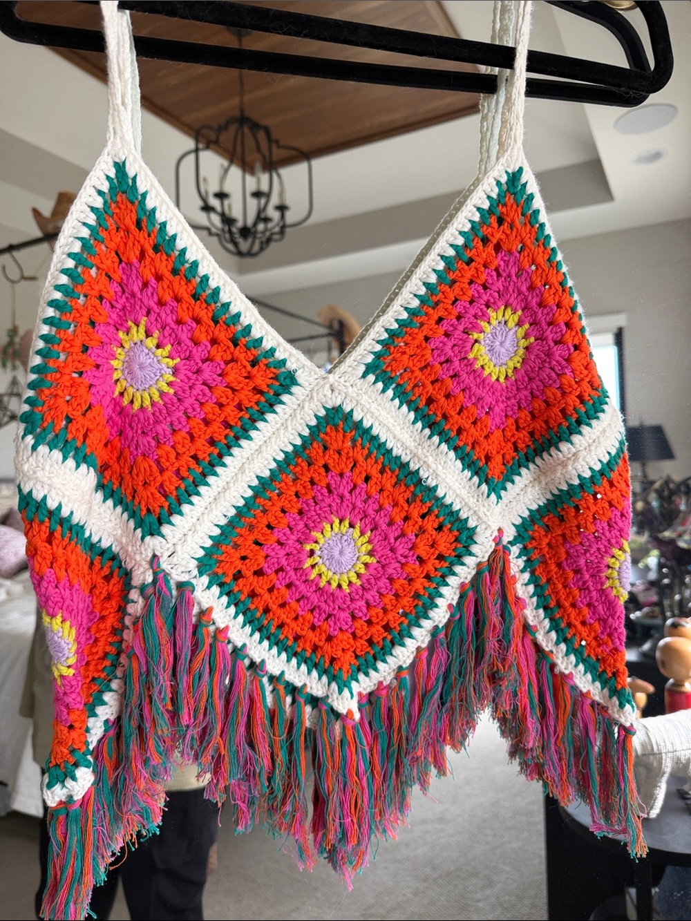 Colorful Crochet Fringe Crop Top in Pink, Orange & Teal
